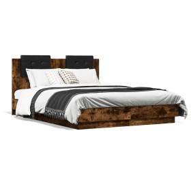 Cama con cabecero madera de ingeniería roble ahumado 135x190 cm de , Camas y somieres - Ref: Foro24-3209958, Precio: 178,99 €...