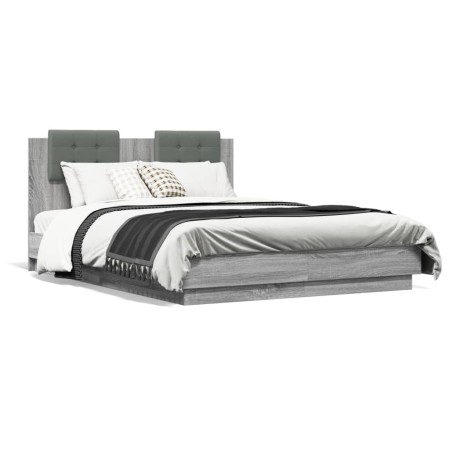 Bed frame with headboard LED lights Sonoma gray 120x190 cm by , Beds and slatted bases - Ref: Foro24-3210057, Price: 183,99 €...