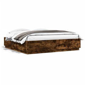 Bed frame with LED lights smoked oak wood 200x200 cm by , Beds and slatted bases - Ref: Foro24-3209587, Price: 196,99 €, Disc...