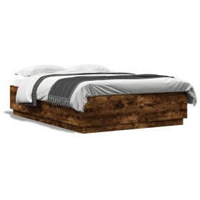 Bed frame with LED lights smoked oak wood 150x200 cm by , Beds and slatted bases - Ref: Foro24-3209608, Price: 180,99 €, Disc...