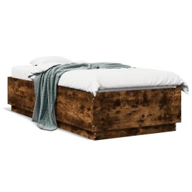 Bed frame with LED lights smoked oak wood 100x200 cm by , Beds and slatted bases - Ref: Foro24-3209629, Price: 140,58 €, Disc...