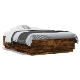 Bed frame with LED lights smoked oak wood 140x190 cm by , Beds and slatted bases - Ref: Foro24-3209643, Price: 165,99 €, Disc...