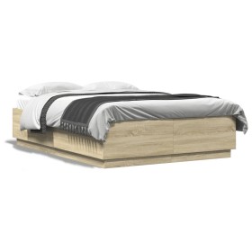 Estructura cama con luces LED madera roble Sonoma 120x200 cm de , Camas y somieres - Ref: Foro24-3209620, Precio: 171,99 €, D...