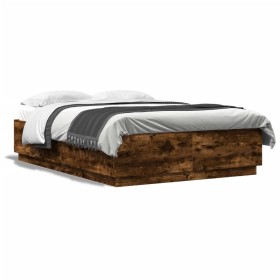 Bed frame with LED lights smoked oak wood 140x200 cm by , Beds and slatted bases - Ref: Foro24-3209615, Price: 178,81 €, Disc...