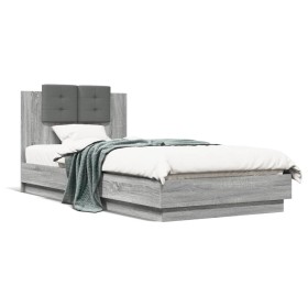 Sonoma gray engineered wood bed with headboard 90x200 cm by , Beds and slatted bases - Ref: Foro24-3209945, Price: 161,99 €, ...