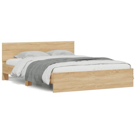 Sonoma oak bed frame with headboard and LED lights 150x200 cm by , Beds and slatted bases - Ref: Foro24-3207604, Price: 175,9...