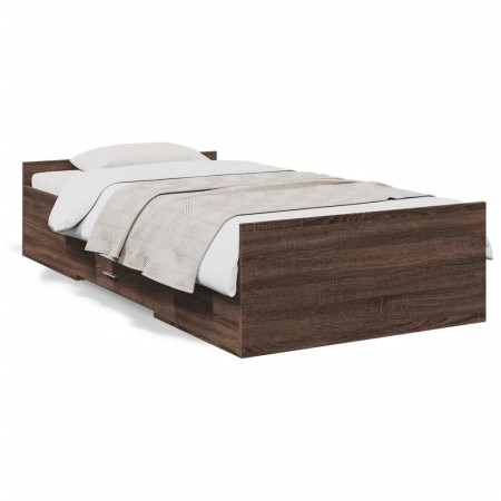 Oak brown engineered wood bed with drawers 90x200 cm by , Beds and slatted bases - Ref: Foro24-3280341, Price: 123,41 €, Disc...