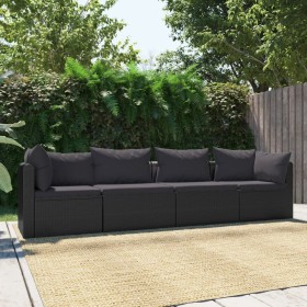 Set aus 4-teiligen Gartensofas und Kissen Kunstrattan schwarz von vidaXL, Modulare Sofas für den Außenbereich - Ref: Foro24-4...