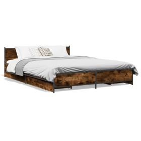 Smoked oak engineered wood bed with drawers 120x200 cm by , Beds and slatted bases - Ref: Foro24-3279939, Price: 168,99 €, Di...