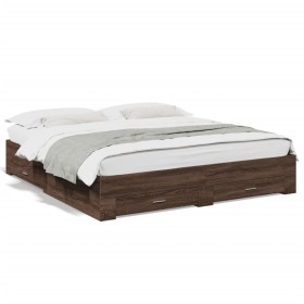 Oak brown engineered wood bed with drawers 200x200 cm by , Beds and slatted bases - Ref: Foro24-3280362, Price: 239,08 €, Dis...