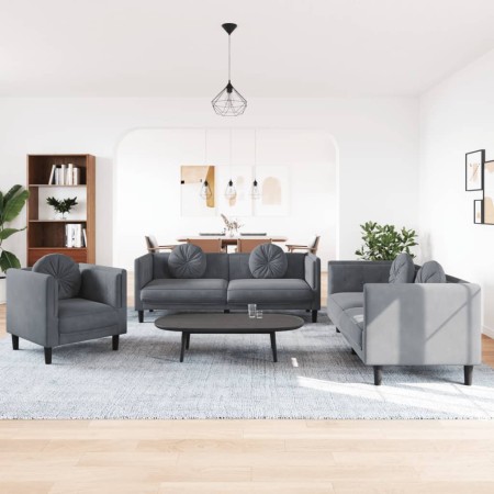 Dark gray velvet 3-piece sofa set with cushions by , Sofas - Ref: Foro24-3209248, Price: 689,35 €, Discount: %