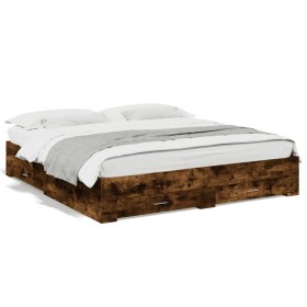 Smoked oak engineered wood bed with drawers 200x200 cm by , Beds and slatted bases - Ref: Foro24-3280360, Price: 224,54 €, Di...