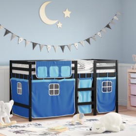 Cama alta para niños con cortinas madera pino azul 90x190 cm de , Camas y somieres - Ref: Foro24-3283833, Precio: 184,83 €, D...