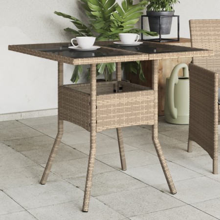 Mesa de jardín superficie de vidrio ratán PE beige 80x80x75 cm de , Mesas de jardín - Ref: Foro24-365523, Precio: 88,26 €, De...