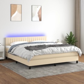 Box spring bed mattress and LED lights cream fabric 180x200 cm by , Beds and slatted bases - Ref: Foro24-3133338, Price: 556,...