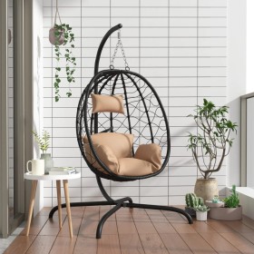 Ei-Hängesessel aus Stahl und synthetischem Rattan mit taupefarbenem Kissen von , Gartenwippen - Ref: Foro24-360047, Preis: 19...