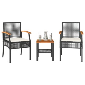 Table and chairs with cushions 3 pieces PE rattan black acacia wood by , Garden sets - Ref: Foro24-366259, Price: 150,57 €, D...