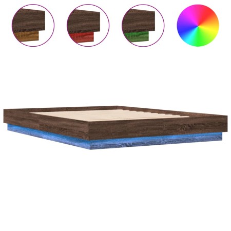 Estructura de cama con luces LED roble marrón 160x200 cm de , Camas y somieres - Ref: Foro24-3209785, Precio: 207,62 €, Descu...