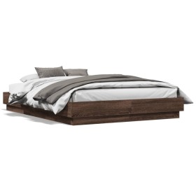 Estructura de cama con luces LED roble marrón 135x190 cm de , Camas y somieres - Ref: Foro24-3209820, Precio: 142,99 €, Descu...