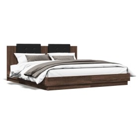 Bed frame headboard LED lights brown oak 160x200 cm by , Beds and slatted bases - Ref: Foro24-3210002, Price: 225,99 €, Disco...