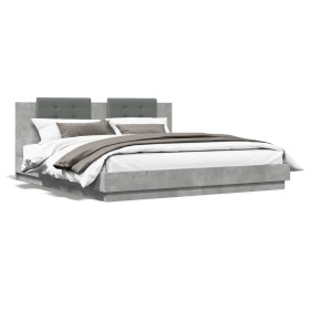 Concrete gray LED lights headboard bed frame 160x200 cm by , Beds and slatted bases - Ref: Foro24-3209999, Price: 218,78 €, D...