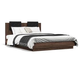 Estructura de cama cabecero y luces LED marrón roble 150x200 cm de , Camas y somieres - Ref: Foro24-3210009, Precio: 203,99 €...