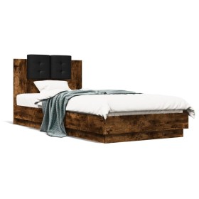 Bed frame headboard LED lights smoked oak 90x200 cm by , Beds and slatted bases - Ref: Foro24-3210035, Price: 166,04 €, Disco...