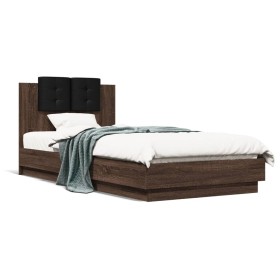 Estructura de cama cabecero luces LED roble marrón 90x200 cm de , Camas y somieres - Ref: Foro24-3210037, Precio: 171,99 €, D...