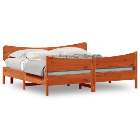 Estructura cama con cabecero madera pino marrón cera 200x200 cm de , Camas y somieres - Ref: Foro24-3216371, Precio: 267,99 €...