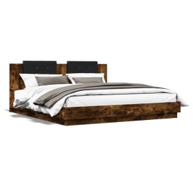 Cama con cabecero madera de ingeniería roble ahumado 200x200 cm de , Camas y somieres - Ref: Foro24-3209895, Precio: 238,99 €...