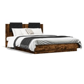 Estructura de cama cabecero luces LED roble ahumado 140x200 cm de , Camas y somieres - Ref: Foro24-3210014, Precio: 205,99 €,...