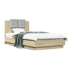 Estructura de cama cabecero luces LED roble Sonoma 90x190 cm de , Camas y somieres - Ref: Foro24-3210061, Precio: 162,99 €, D...