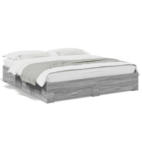 Sonoma gray engineered wood bed with drawers 200x200 cm by , Beds and slatted bases - Ref: Foro24-3280361, Price: 210,99 €, D...