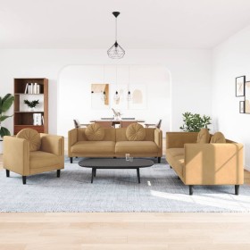 Brown velvet 3-piece sofa set with cushions by , Sofas - Ref: Foro24-3209256, Price: 712,86 €, Discount: %