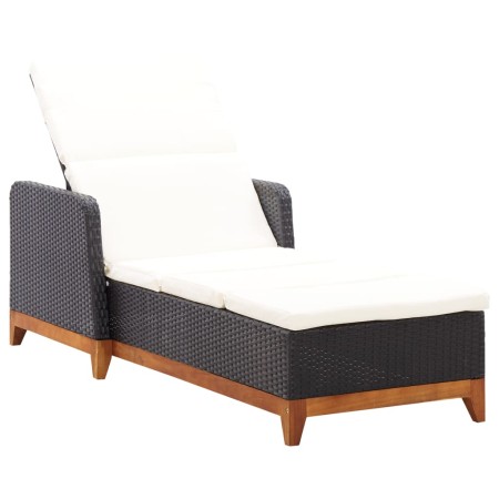 Sun lounger in synthetic rattan and solid black acacia wood