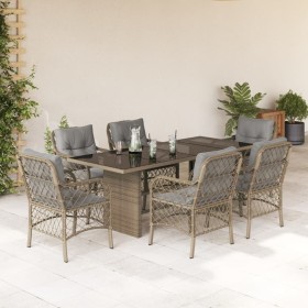 7-teiliges Garten-Essset mit beigen Kissen aus synthetischem Rattan von , Gartensets - Ref: Foro24-3212064, Preis: 757,42 €, ...