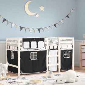 Children's loft bed with black white pine wood curtains 80x200 cm by , Beds and slatted bases - Ref: Foro24-3283811, Price: 1...