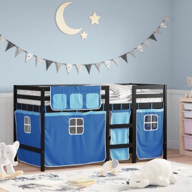 High bed for children with blue pine wood curtains 90x200 cm by , Beds and slatted bases - Ref: Foro24-3283824, Price: 184,07...