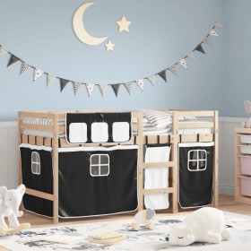 Cama alta niños con cortinas madera pino blanco negro 90x190 cm de , Camas y somieres - Ref: Foro24-3283826, Precio: 163,99 €...