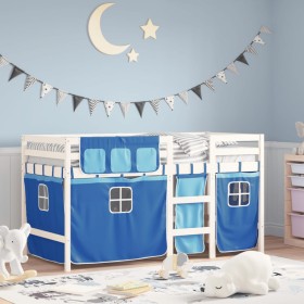 High bed for children with blue pine wood curtains 90x190 cm by , Beds and slatted bases - Ref: Foro24-3283830, Price: 179,99...