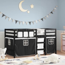 Cama alta niños con cortinas madera pino blanco negro 90x190 cm de , Camas y somieres - Ref: Foro24-3283832, Precio: 182,99 €...