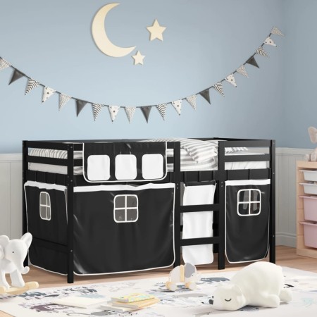 Cama alta niños con cortinas madera pino blanco negro 90x190 cm de , Camas y somieres - Ref: Foro24-3283832, Precio: 187,70 €...