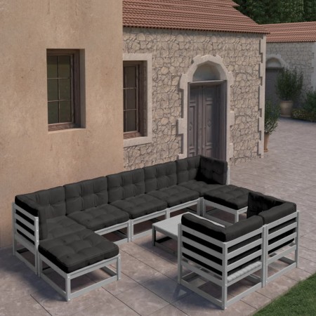 10-piece garden furniture set with gray pine wood cushions by , Garden sets - Ref: Foro24-3077161, Price: 765,06 €, Discount: %