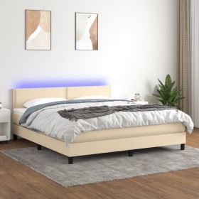 Cama box spring colchón y luces LED tela crema 160x200 cm de , Camas y somieres - Ref: Foro24-3133090, Precio: 529,99 €, Desc...