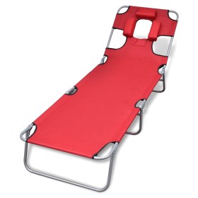 Folding steel sun lounger with red steel head cushion by , Loungers - Ref: Foro24-41483, Price: 64,20 €, Discount: %