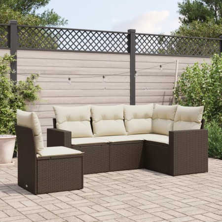 5-teiliges Garten-Essset und braune Kissen aus synthetischem Rattan von , Modulare Sofas für den Außenbereich - Ref: Foro24-3...