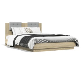 Estructura de cama cabecero luces LED roble Sonoma 120x200 cm de , Camas y somieres - Ref: Foro24-3210019, Precio: 181,51 €, ...