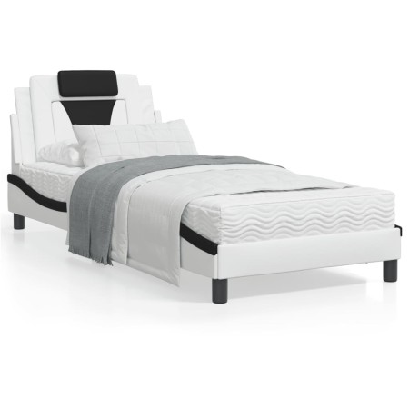 Estructura cama cabecero cuero sintético blanco negro 90x200 cm de , Camas y somieres - Ref: Foro24-3208074, Precio: 146,68 €...