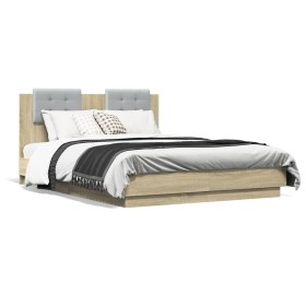 Sonoma oak engineered wood bed with headboard 135x190 cm by , Beds and slatted bases - Ref: Foro24-3209956, Price: 177,99 €, ...