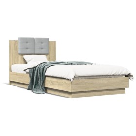 Sonoma oak engineered wood bed with headboard 100x200 cm by , Beds and slatted bases - Ref: Foro24-3209935, Price: 148,99 €, ...